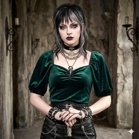 Rachel Tops - Vtg Y2K Velvet Top Wn XS Green Puff Sleeves Goth Vamp Witchy Grunge Steampunk